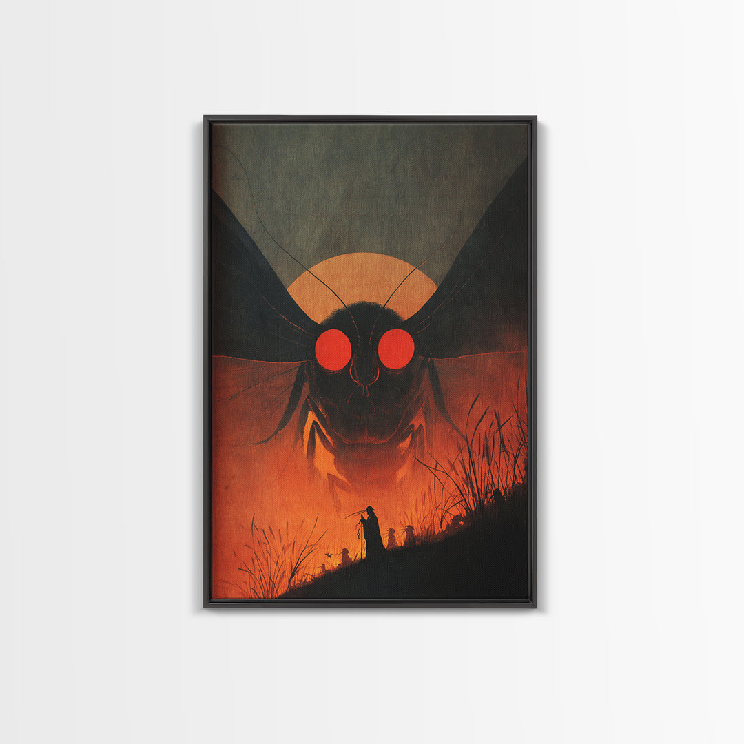 The Red-Eyed Moth Creature, Symbolist Etching Art, Vertical Wall Art, Dark Halloween Decor, Framed Canvas Print, Halloween Wall Art