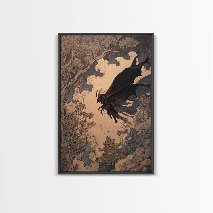 The Red-Eyed Moth Creature, Gothic Storybook Art, Vertical Wall Art, Macabre Wall Art, Canvas Print, Halloween Wall Art