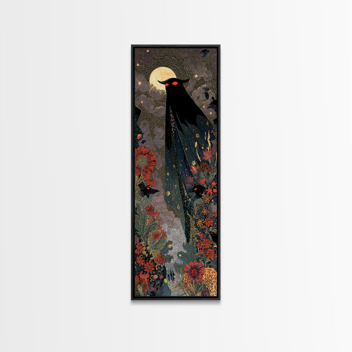 The Red-Eyed Moth Creature, Stained Glass Gothic Art, Tall Narrow Wall Art, Dark Halloween Decor, Framed Canvas Print, Halloween Wall Art
