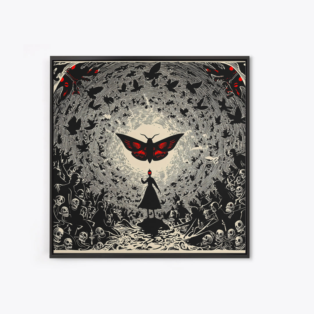 The Red-Eyed Moth Creature, Macabre Folk Print Art, Square Wall Art, Dark Halloween Decor, Canvas Print, Halloween Wall Art