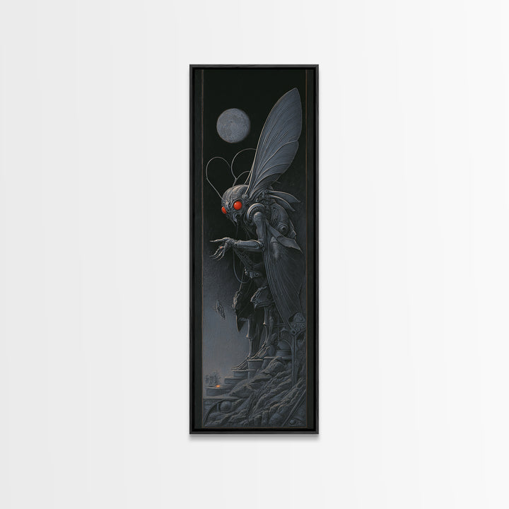 The Red-Eyed Moth Creature, Biomechanical Horror Art, Tall Narrow Wall Art, Macabre Wall Art, Canvas Print, Halloween Wall Art