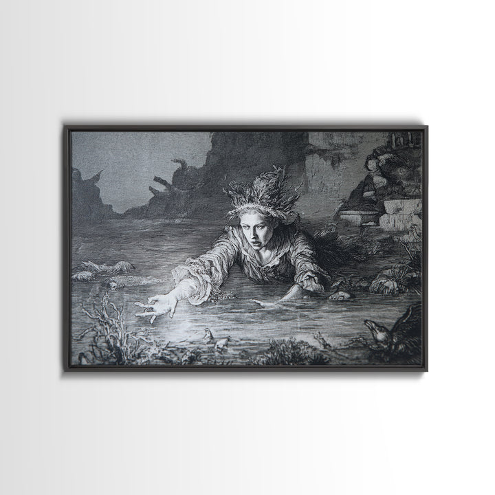 The Lake Phantom, Renaissance Engraving Art, Landscape Wall Art, Macabre Wall Art, Canvas Print, Halloween Wall Art, Halloween Decor