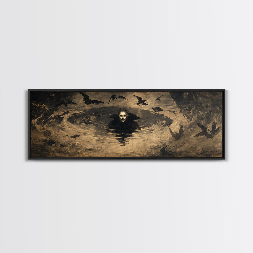 The Lake Phantom, Dark Romantic Horror Art, Extra Wide Wall Art, Macabre Wall Art, Framed Canvas Print, Halloween Wall Art