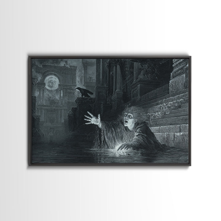 The Lake Phantom, Architectural Etching Art, Landscape Wall Art, Dark Fantasy Wall Art, Canvas Print, Halloween Wall Art