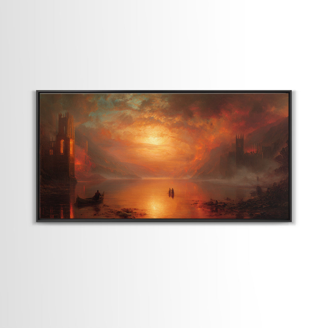 The Lake Phantom, Apocalyptic Romantic Art, Wide Panoramic Art, Gothic Horror Wall Art, Framed Canvas Print, Halloween Wall Art
