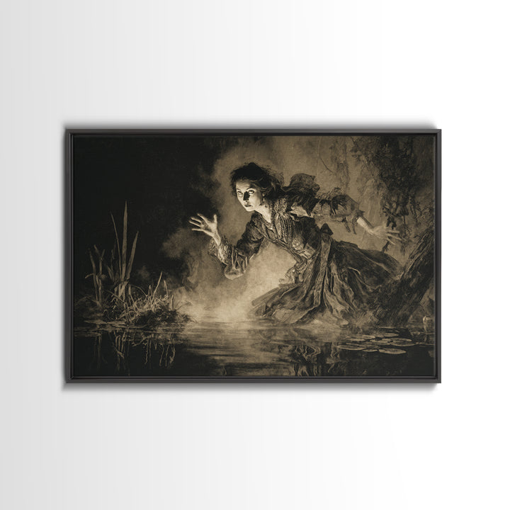 The Lake Phantom, Decadent Gothic Art, Landscape Wall Art, Dark Halloween Decor, Framed Canvas Print, Halloween Wall Art
