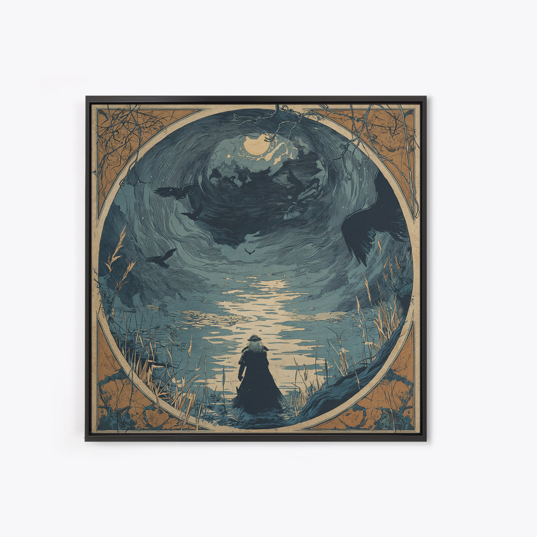 The Lake Phantom, Symbolist Etching Art, Square Wall Art, Macabre Wall Art, Framed Canvas Print, Halloween Wall Art, Dark Fantasy Art
