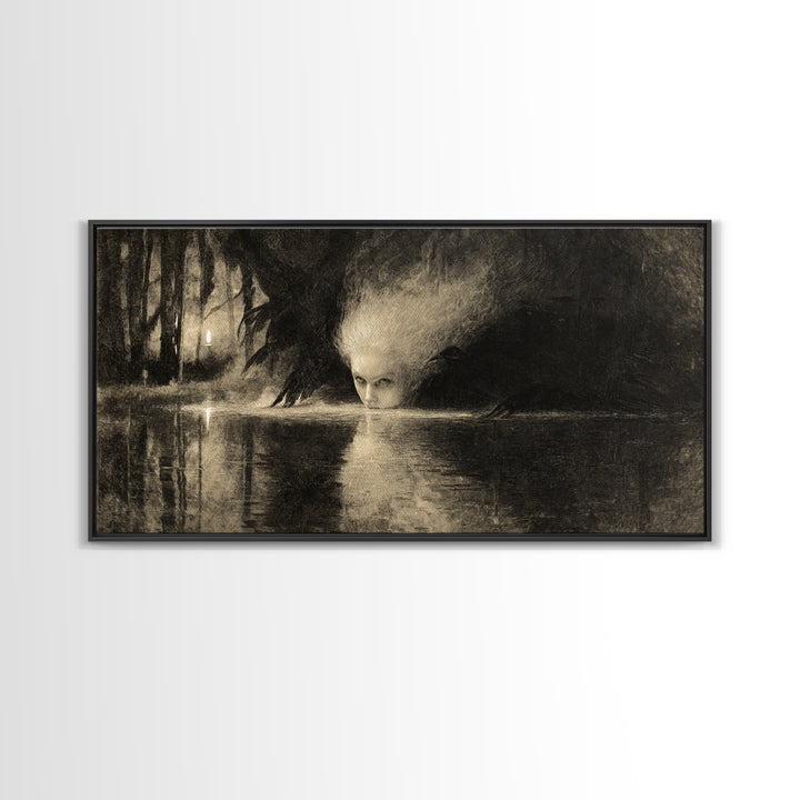 The Lake Phantom, Expressionist Nightmare Art, Wide Panoramic Art, Macabre Wall Art, Canvas Print, Halloween Wall Art, Halloween Decor