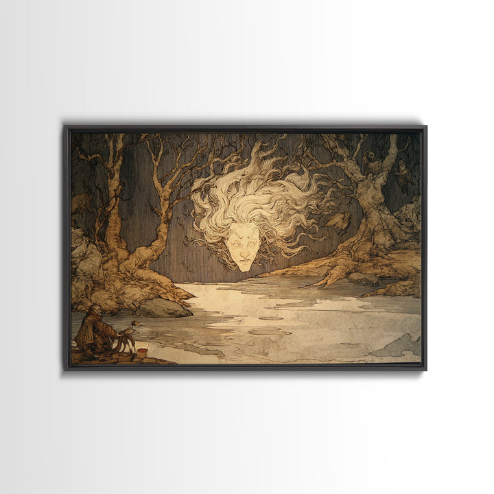The Lake Phantom, Gothic Storybook Art, Landscape Wall Art, Dark Halloween Decor, Framed Canvas Print, Halloween Wall Art