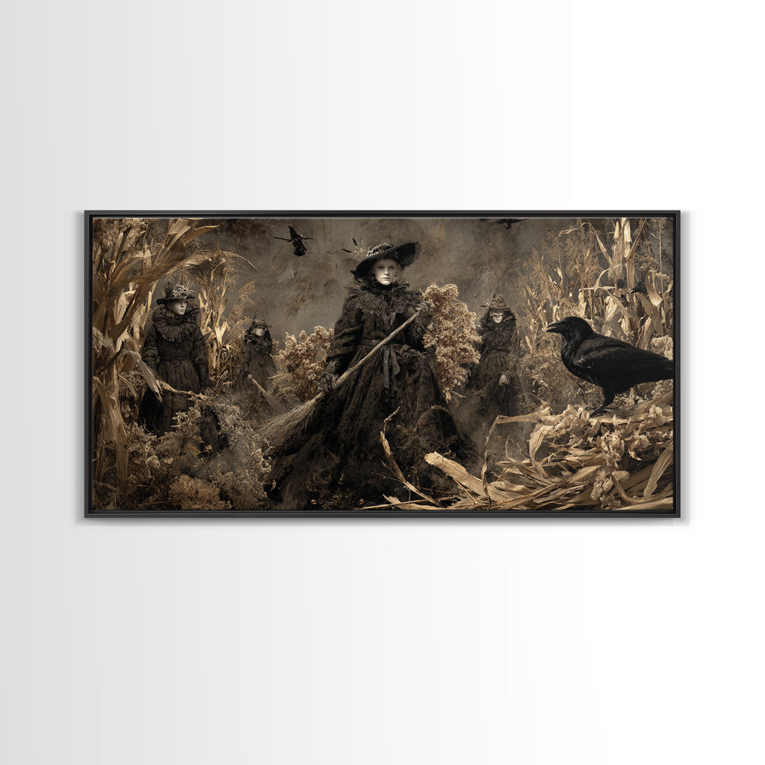 The Salt-Marsh Witch, Northern Renaissance Horror, Wide Panoramic Art, Macabre Wall Art, Framed Canvas Print, Halloween Wall Art