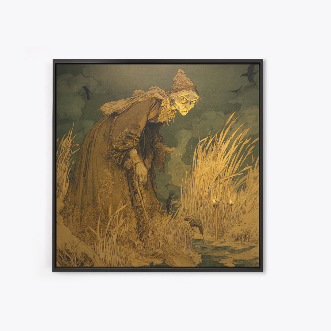 The Salt-Marsh Witch, Symbolist Etching Art, Square Wall Art, Dark Halloween Decor, Framed Canvas Print, Halloween Wall Art