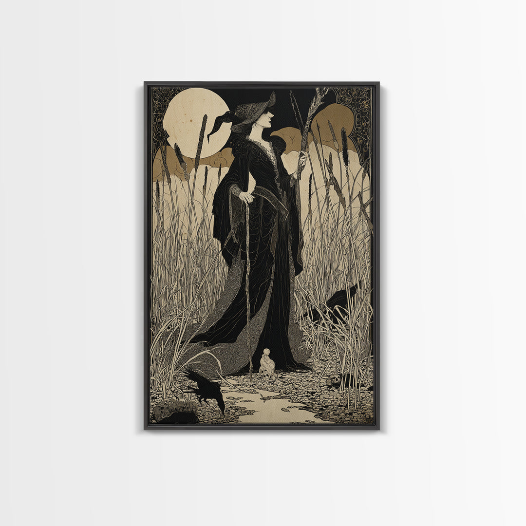The Salt-Marsh Witch, Decadent Line Art, Vertical Wall Art, Dark Halloween Decor, Framed Canvas Print, Halloween Wall Art