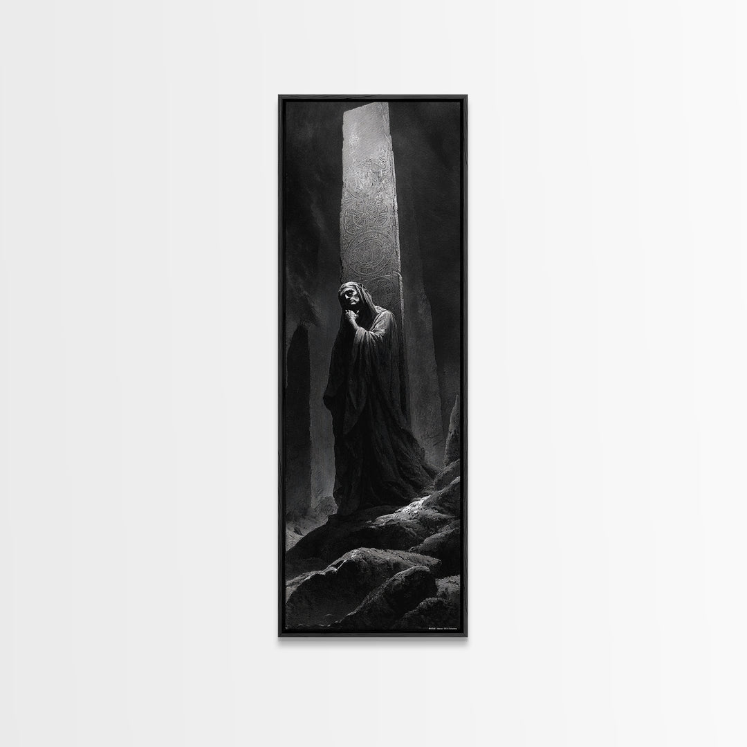 The Stone-Circle Spirit, Gothic Engraving Art, Tall Narrow Wall Art, Macabre Wall Art, Framed Canvas Print, Halloween Wall Art