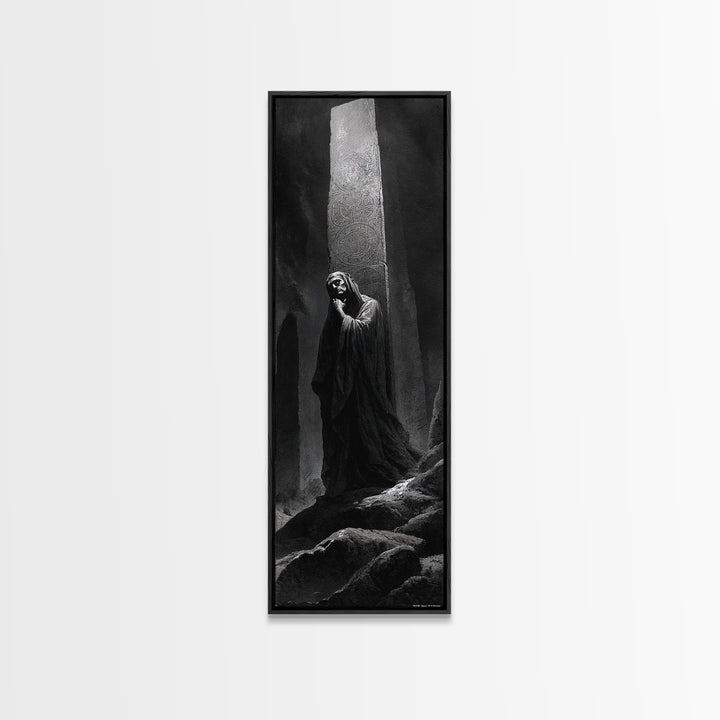 The Stone-Circle Spirit, Gothic Engraving Art, Tall Narrow Wall Art, Macabre Wall Art, Framed Canvas Print, Halloween Wall Art