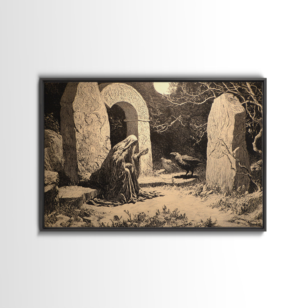 The Stone-Circle Spirit, Symbolist Etching Art, Landscape Wall Art, Macabre Wall Art, Canvas Print, Halloween Wall Art, Gothic Home Decor