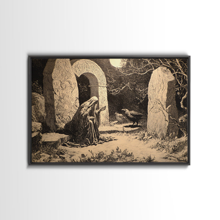 The Stone-Circle Spirit, Symbolist Etching Art, Landscape Wall Art, Macabre Wall Art, Canvas Print, Halloween Wall Art, Gothic Home Decor