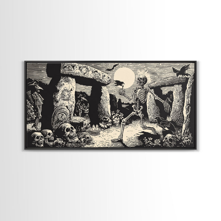 The Stone-Circle Spirit, Macabre Folk Print Art, Wide Panoramic Art, Gothic Horror Wall Art, Framed Canvas Print