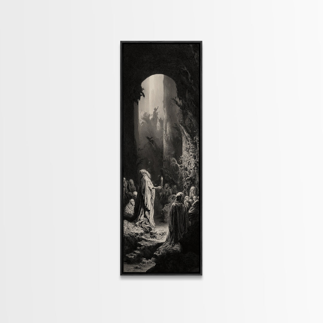 The Cave Oracle, Gothic Engraving Art, Tall Narrow Wall Art, Dark Halloween Decor, Framed Canvas Print, Halloween Wall Art