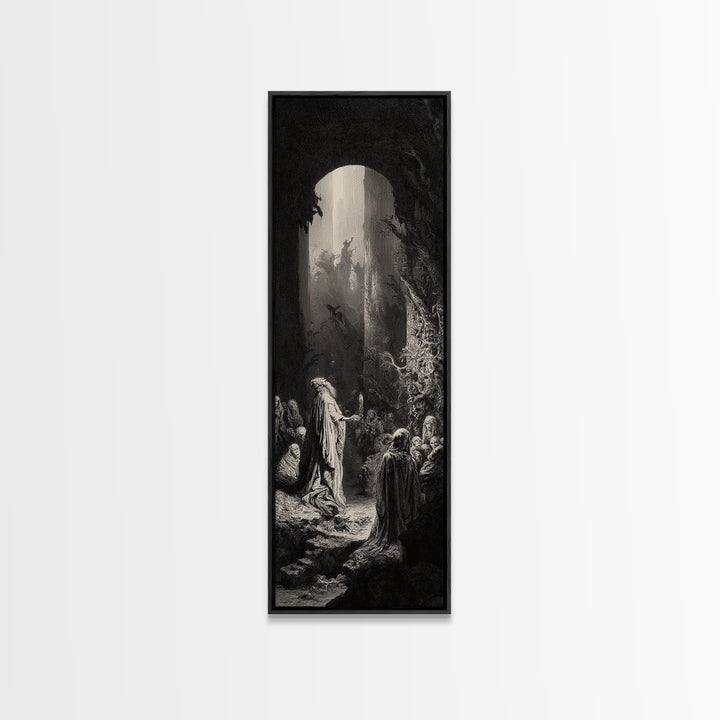 The Cave Oracle, Gothic Engraving Art, Tall Narrow Wall Art, Dark Halloween Decor, Framed Canvas Print, Halloween Wall Art
