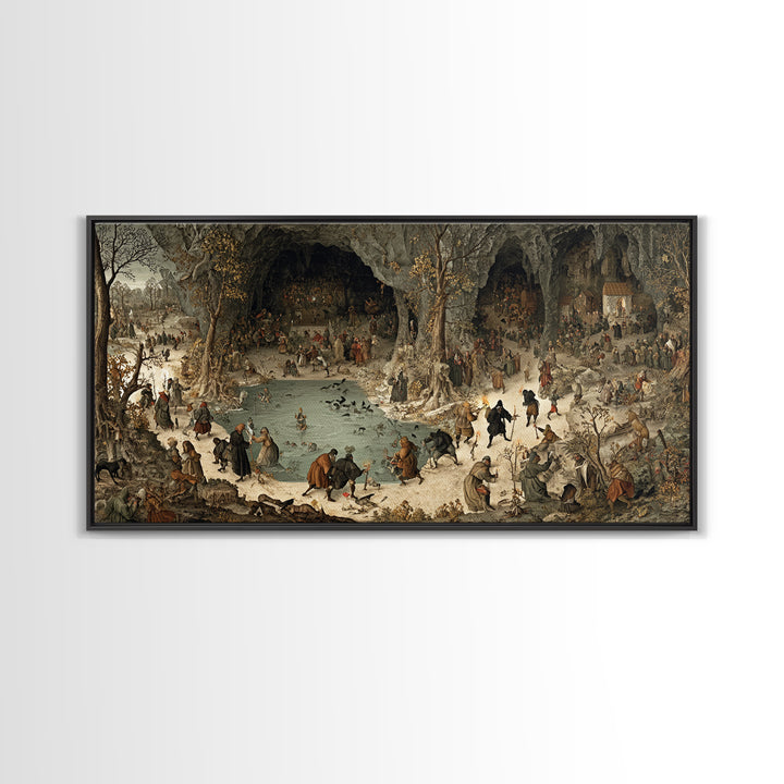 The Cave Oracle, Northern Renaissance Horror, Wide Panoramic Art, Gothic Horror Wall Art, Framed Canvas Print, Halloween Wall Art
