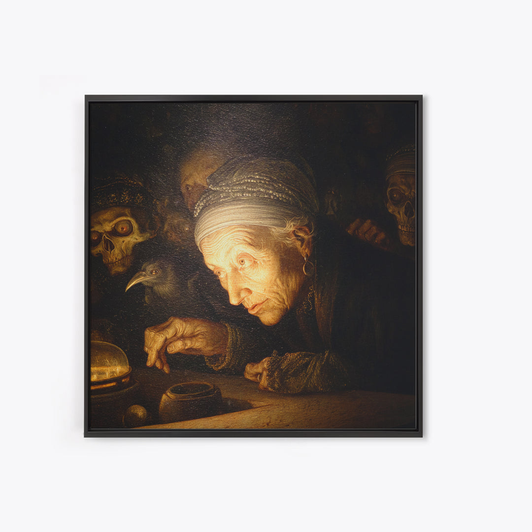 The Cave Oracle, Danse Macabre Art, Square Wall Art, Macabre Wall Art, Framed Canvas Print, Halloween Wall Art