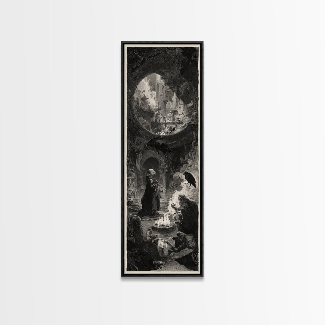 The Cave Oracle, Architectural Etching Art, Tall Narrow Wall Art, Dark Halloween Decor, Framed Canvas Print, Dark Fantasy Art