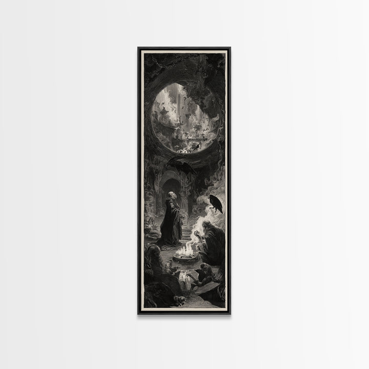 The Cave Oracle, Architectural Etching Art, Tall Narrow Wall Art, Dark Halloween Decor, Framed Canvas Print, Dark Fantasy Art
