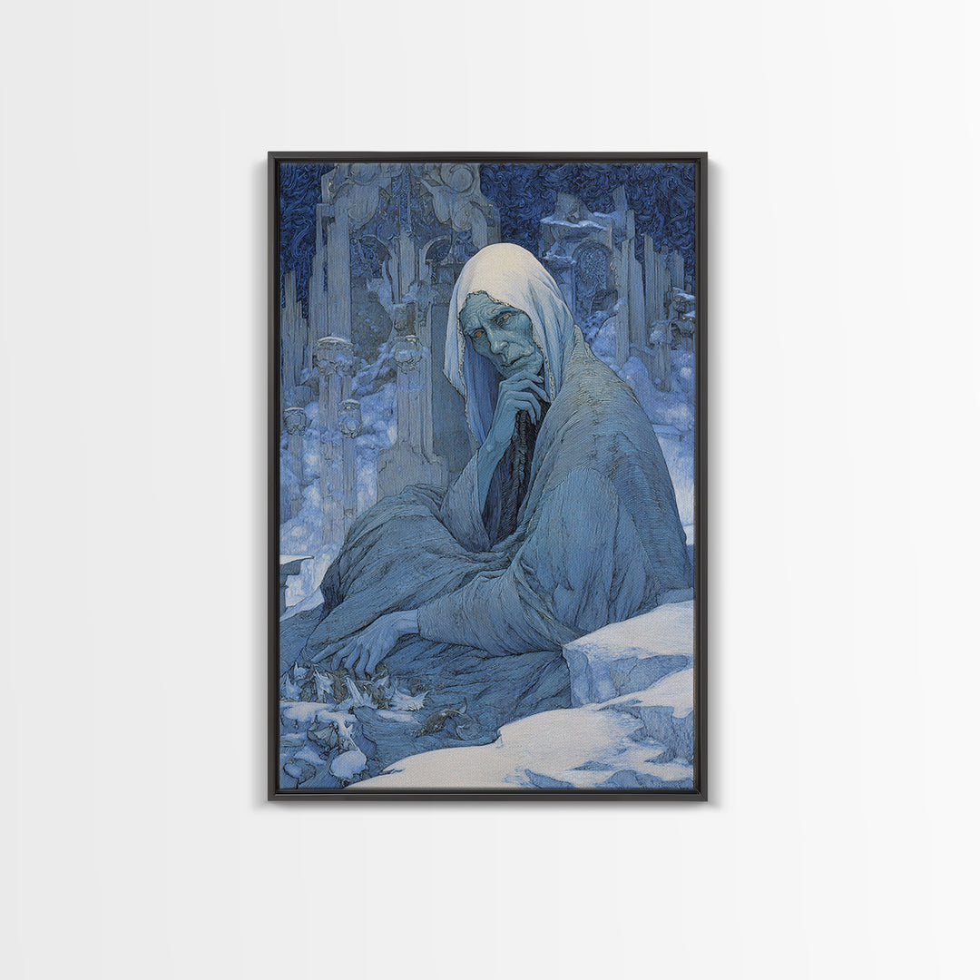The Cave Oracle, Symbolist Death Art, Vertical Wall Art, Dark Fantasy Wall Art, Framed Canvas Print, Halloween Wall Art