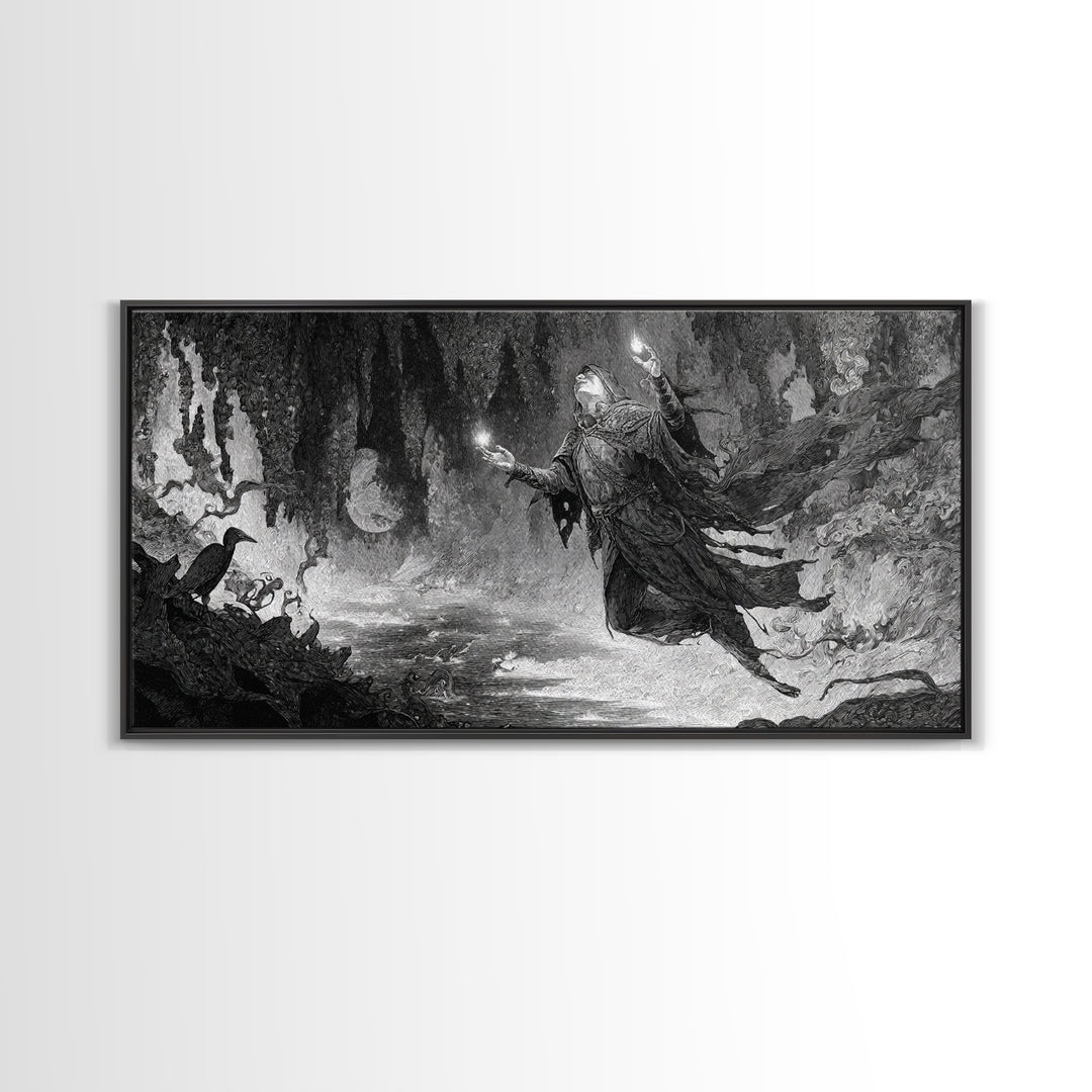 The Cave Oracle, Expressionist Nightmare Art, Wide Panoramic Art, Macabre Wall Art, Framed Canvas Print, Halloween Wall Art, Horror Wall Art