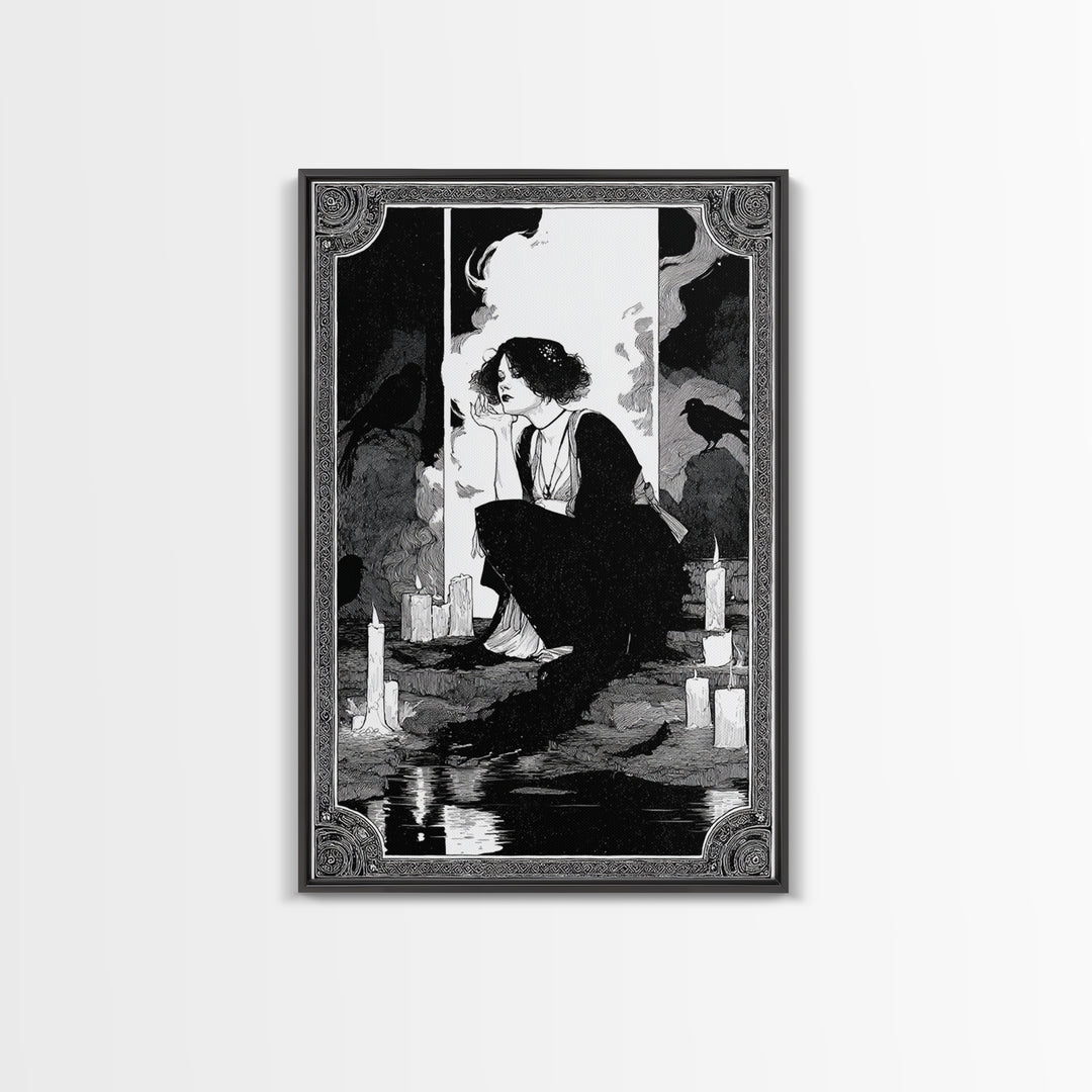 The Cave Oracle, Decadent Line Art, Vertical Wall Art, Gothic Horror Wall Art, Canvas Print, Halloween Wall Art