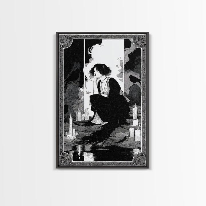 The Cave Oracle, Decadent Line Art, Vertical Wall Art, Gothic Horror Wall Art, Canvas Print, Halloween Wall Art