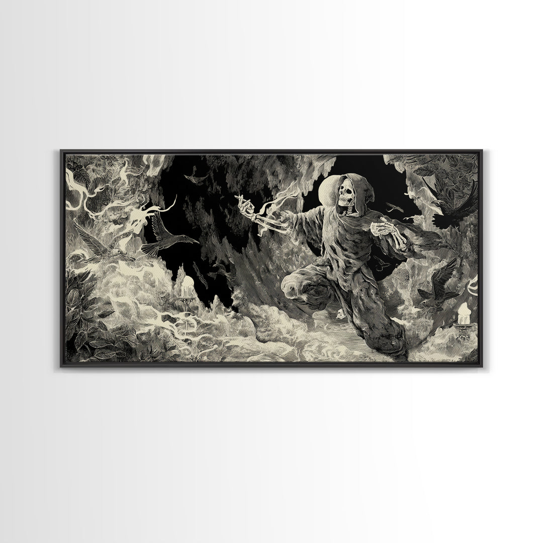 The Cave Oracle, Macabre Folk Print Art, Wide Panoramic Art, Dark Fantasy Wall Art, Framed Canvas Print, Halloween Wall Art