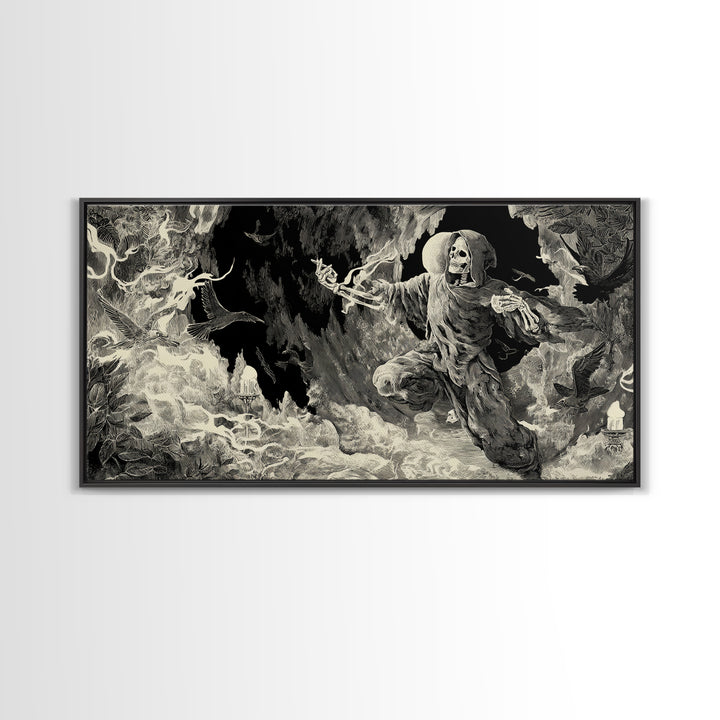 The Cave Oracle, Macabre Folk Print Art, Wide Panoramic Art, Dark Fantasy Wall Art, Framed Canvas Print, Halloween Wall Art