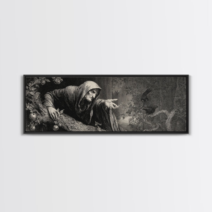 The Orchard Hag, Gothic Engraving Art, Extra Wide Wall Art, Gothic Horror Wall Art, Framed Canvas Print, Halloween Wall Art