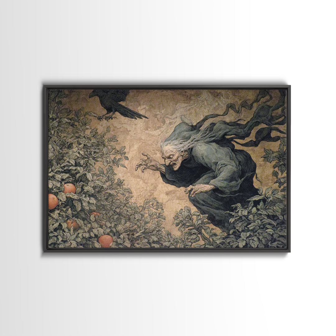 The Orchard Hag, Medieval Grotesque Art, Landscape Wall Art, Dark Halloween Decor, Framed Canvas Print, Halloween Wall Art