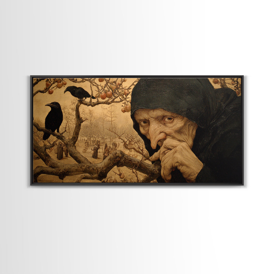 The Orchard Hag, Northern Renaissance Horror, Wide Panoramic Art, Macabre Wall Art, Canvas Print, Halloween Wall Art