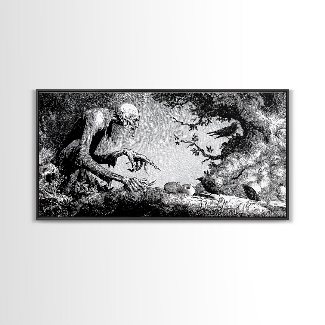 The Orchard Hag, Expressionist Nightmare Art, Wide Panoramic Art, Dark Halloween Decor, Canvas Print, Halloween Wall Art