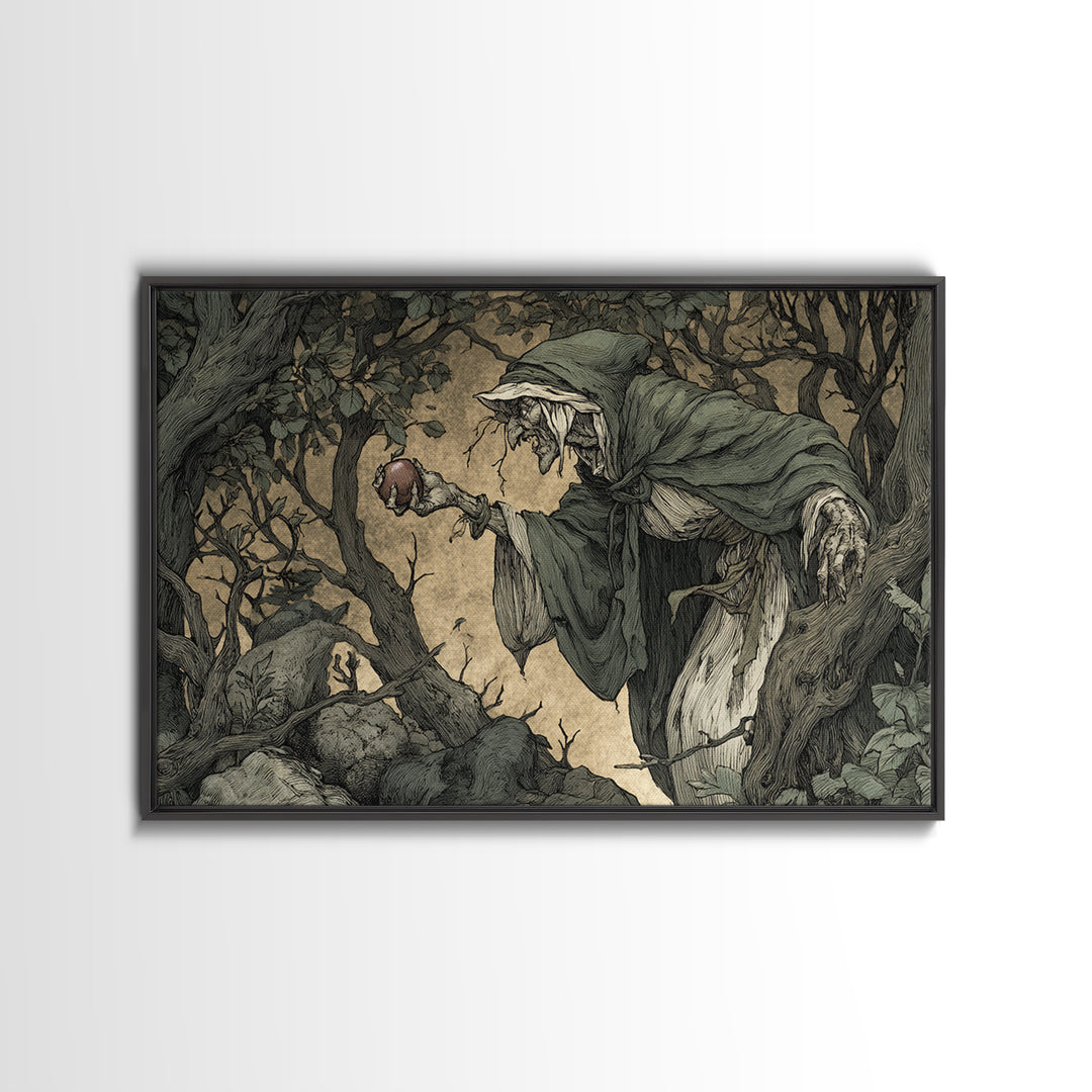 The Orchard Hag, Gothic Storybook Art, Landscape Wall Art, Dark Halloween Decor, Framed Canvas Print, Halloween Wall Art