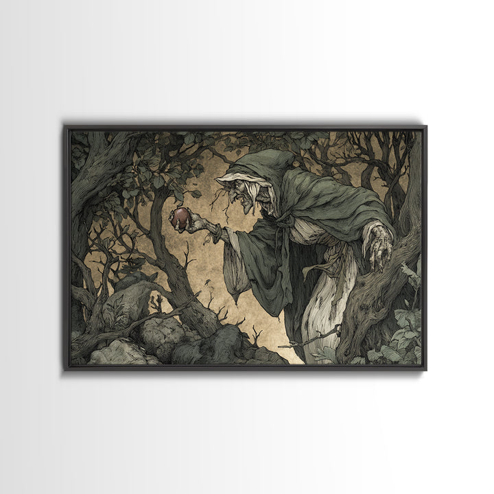 The Orchard Hag, Gothic Storybook Art, Landscape Wall Art, Dark Halloween Decor, Framed Canvas Print, Halloween Wall Art