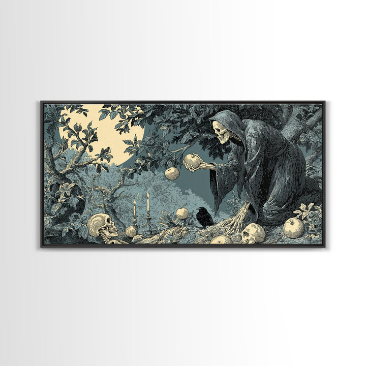 The Orchard Hag, Macabre Folk Print Art, Wide Panoramic Art, Macabre Wall Art, Canvas Print, Halloween Wall Art