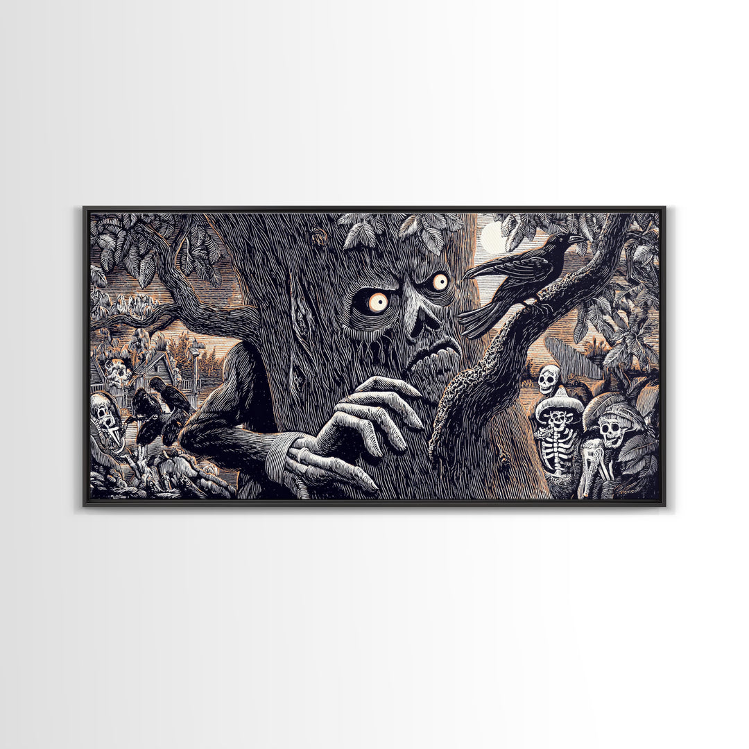 The Hollow-Tree Monster, Macabre Folk Print Art, Wide Panoramic Art, Macabre Wall Art, Framed Canvas Print, Halloween Wall Art