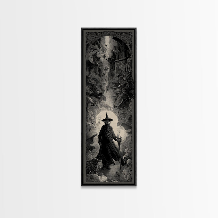 The Crossroads Spirit, Gothic Engraving Art, Tall Narrow Wall Art, Dark Halloween Decor, Framed Canvas Print, Halloween Wall Art