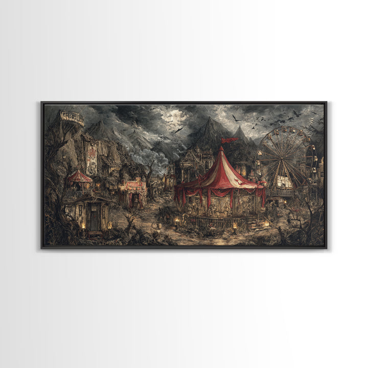The Abandoned Carnival, Baroque Witchcraft Art, Wide Panoramic Art, Dark Fantasy Wall Art, Framed Canvas Print, Halloween Wall Art