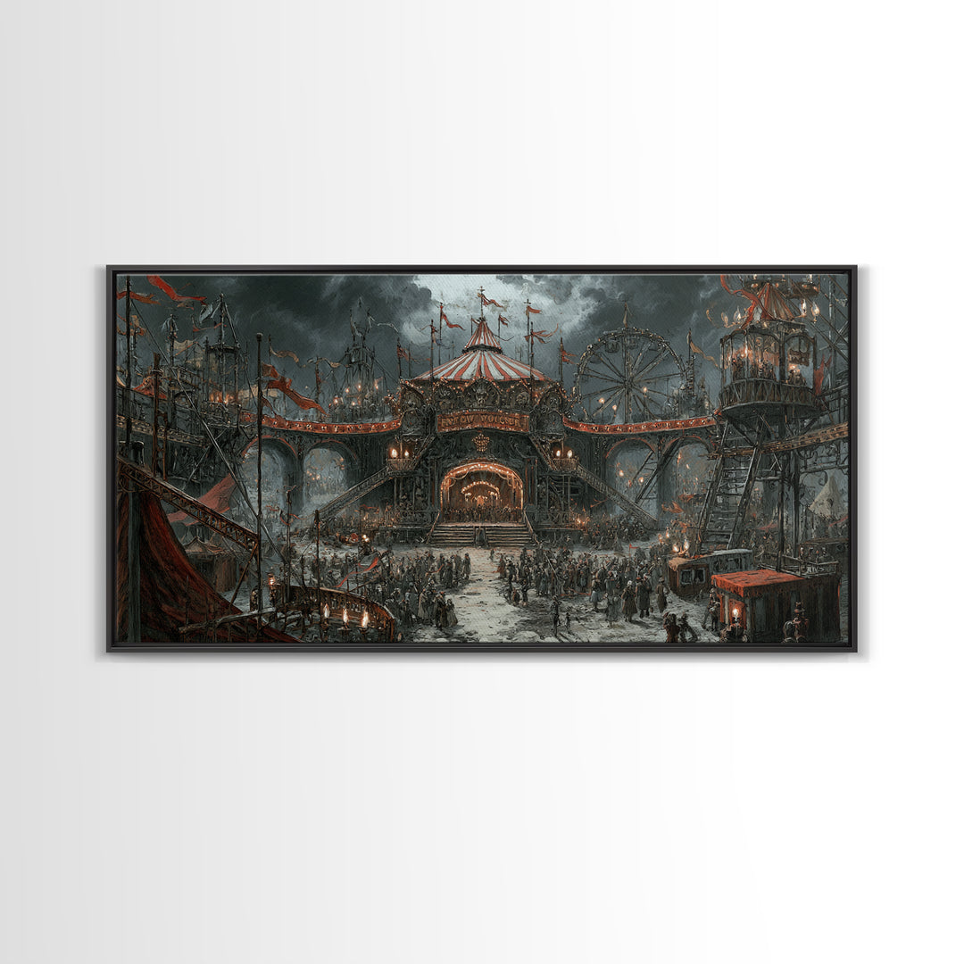 The Abandoned Carnival, Architectural Etching Art, Wide Panoramic Art, Macabre Wall Art, Framed Canvas Print