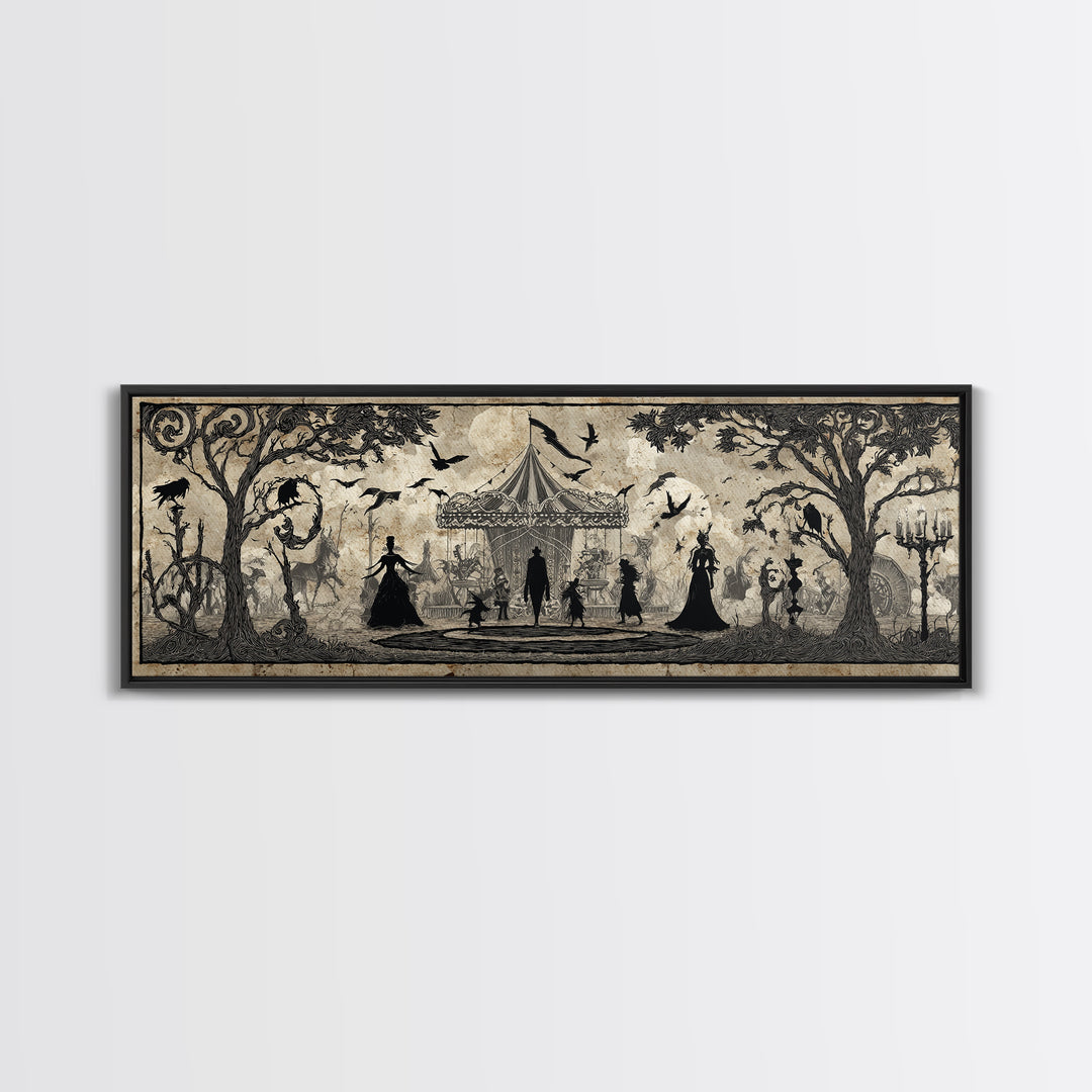 The Abandoned Carnival, Decadent Line Art, Extra Wide Wall Art, Dark Fantasy Wall Art, Framed Canvas Print, Halloween Wall Art