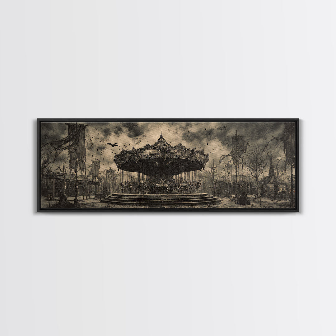 The Abandoned Carnival, Biomechanical Horror Art, Extra Wide Wall Art, Dark Halloween Decor, Framed Canvas Print, Halloween Wall Art