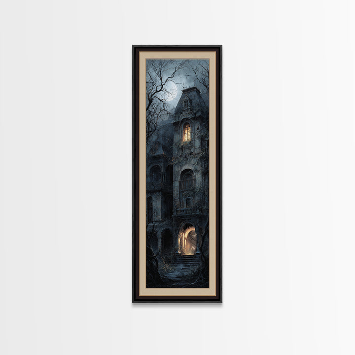 The Haunted Manor, Gothic Engraving Art, Tall Narrow Wall Art, Macabre Wall Art, Framed Canvas Print, Halloween Wall Art