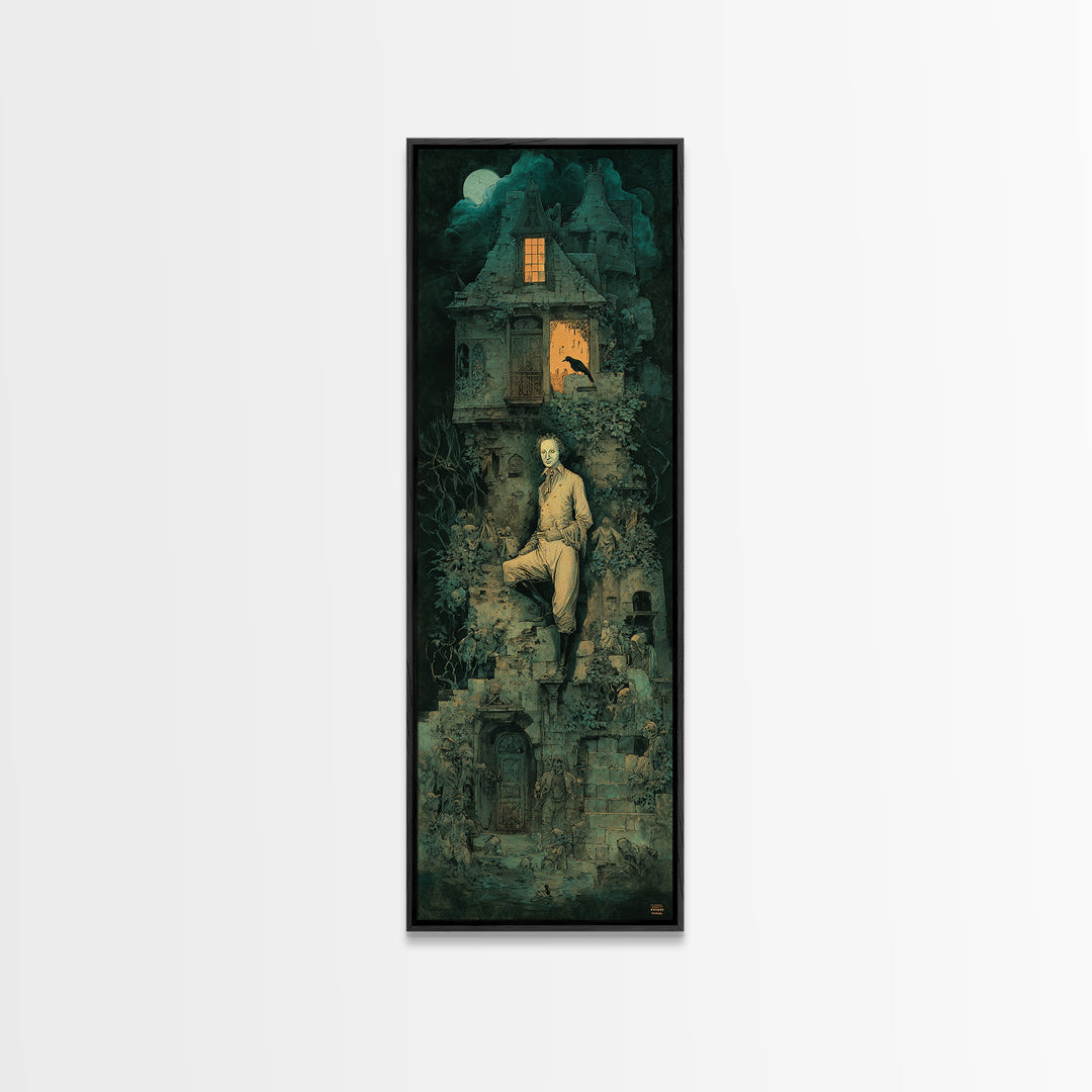 The Haunted Manor, Medieval Grotesque Art, Tall Narrow Wall Art, Dark Halloween Decor, Framed Canvas Print, Halloween Wall Art
