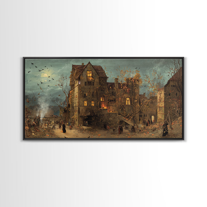 The Haunted Manor, Northern Renaissance Horror, Wide Panoramic Art, Dark Halloween Decor, Canvas Print, Halloween Wall Art