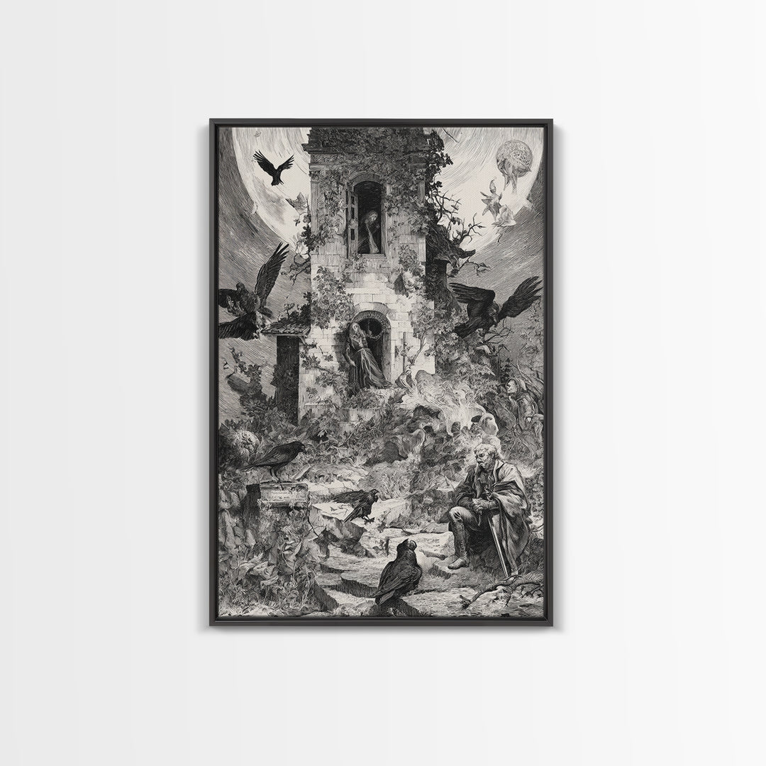 The Haunted Manor, Renaissance Engraving Art, Vertical Wall Art, Macabre Wall Art, Canvas Print, Halloween Wall Art, Spooky Wall Decor